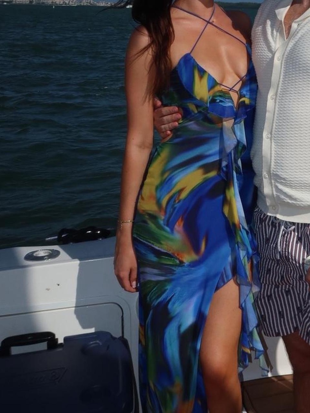 Blue Multi-Print Asymmetrical Ruffle Maxi Dress - Picture 2 of 3
